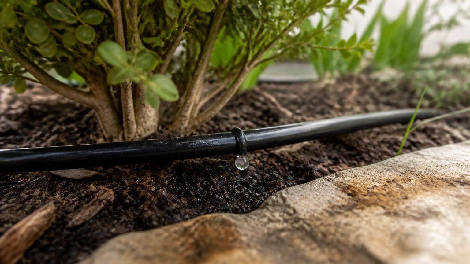 Close-up of drip tubing delivering water at the base of a shrub in mulched soil