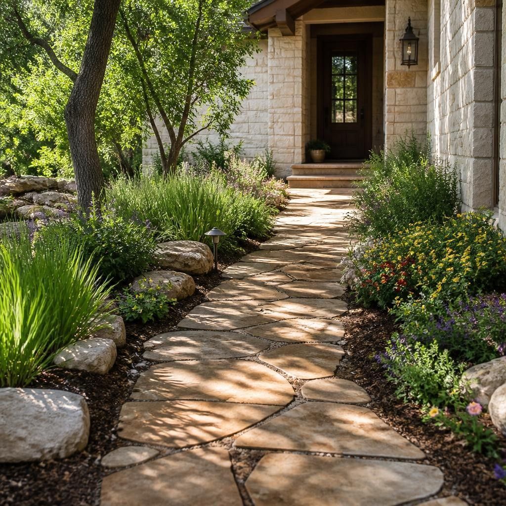 Flagstone path through native plantings and boulders leading to a front door