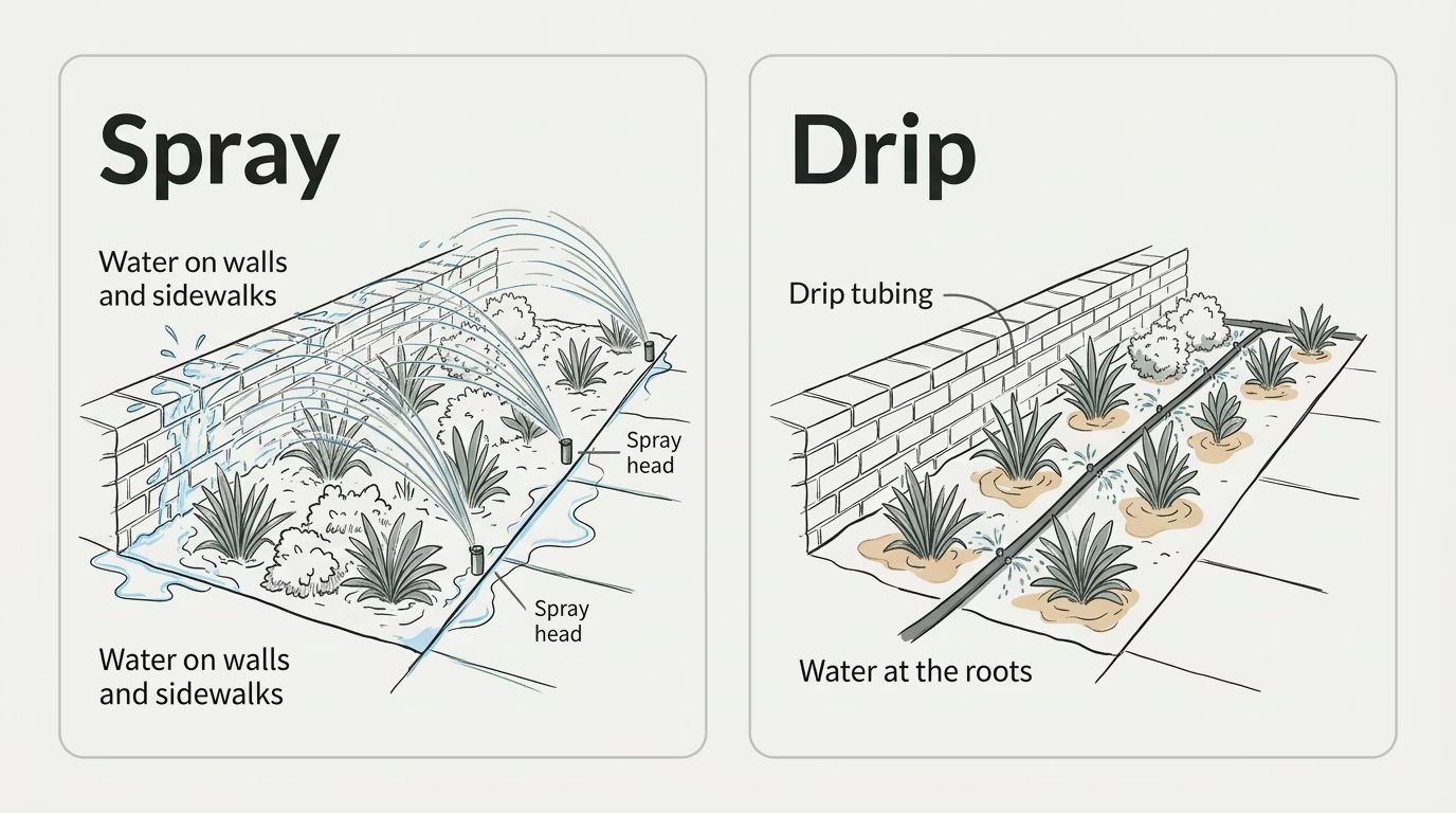 Sketch comparing spray irrigation, which puts water on walls and sidewalks, with drip tubing, which puts water at the roots